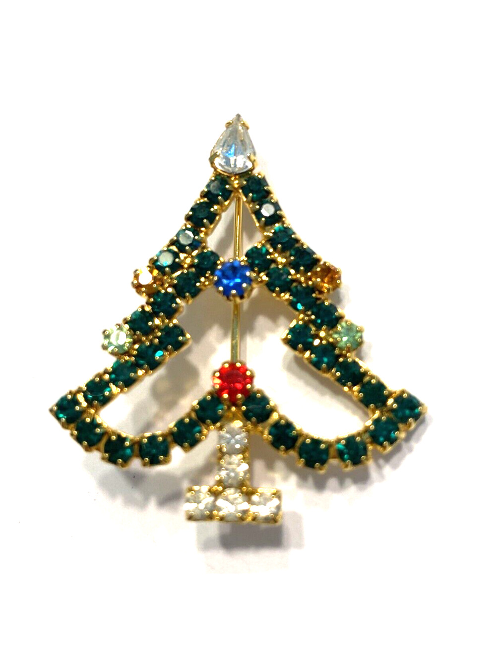 Rhinestones Christmas Tree Brooch Gold & Multicolor Mid Century Festive Pin